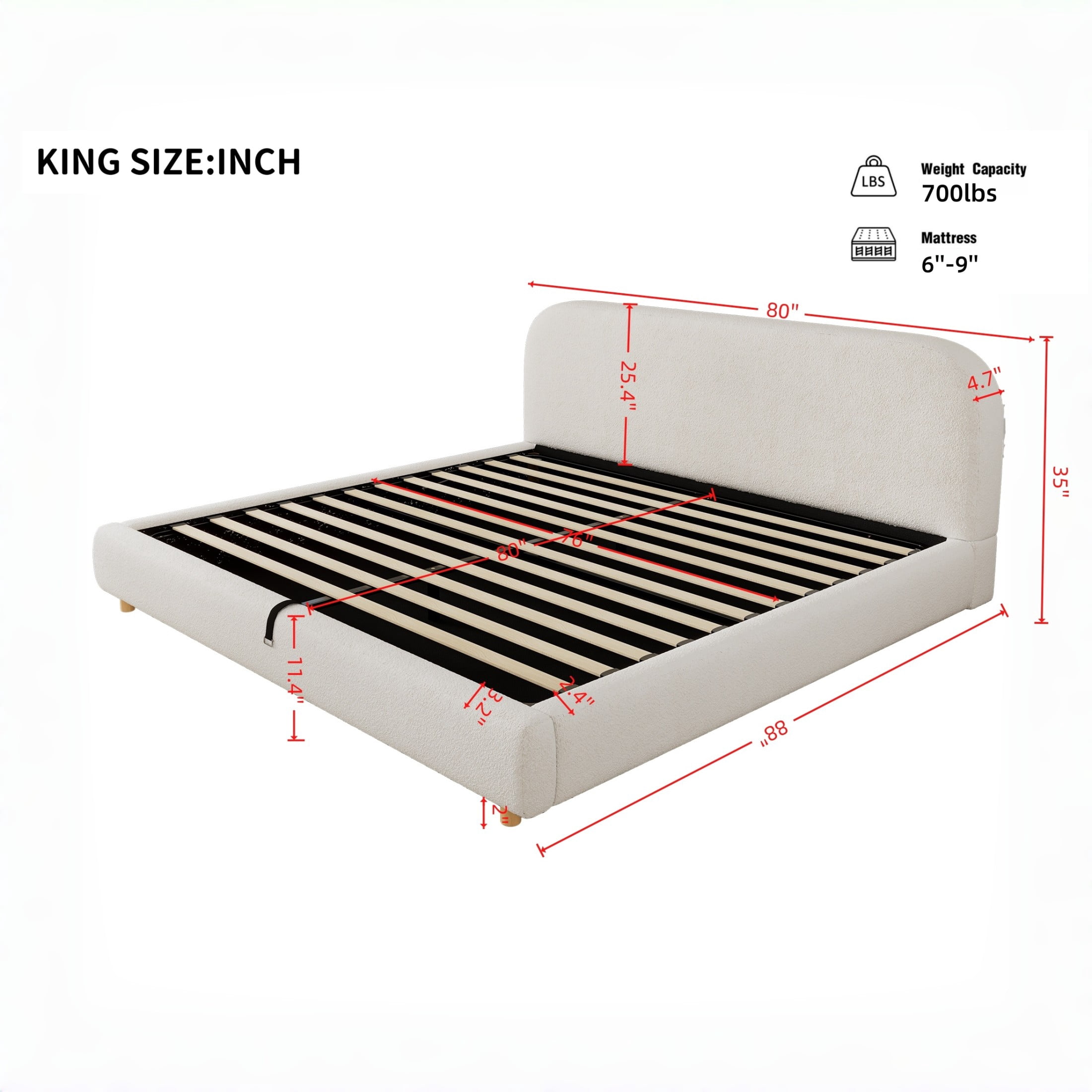 Christopher Knight Home King Hydraulic Lift Platform Storage Bed, Upholstered Curved Headboard, Cream White