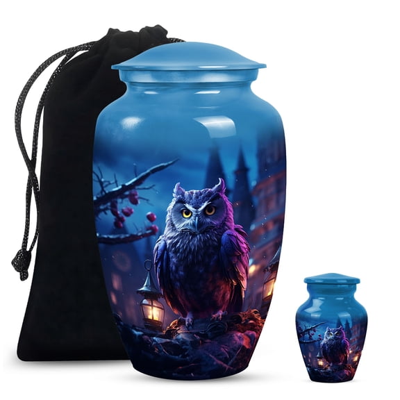 Blue Owl Memorial Large Urns For Human Ashes Adult Men - Funeral Small Urn For Human Ashes Adult Women - Cremation Gift For Decorative - Combo 10Inch 200Lbs And 3Inch 2Tbsp Capacity
