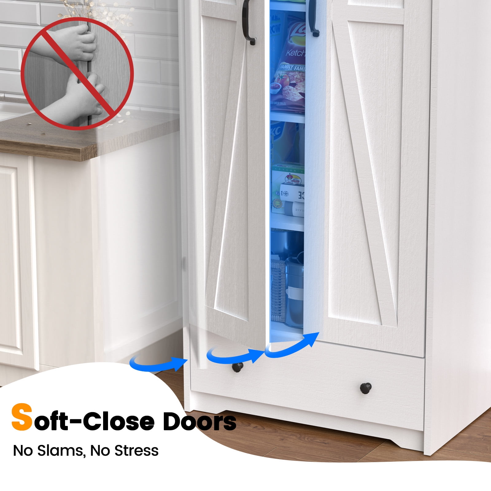 UPGO 70'' Tall Large Wood Storage Pantry Cabinet with 6 Adjustable Shelves, 2 Barn Doors and Drawer