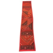 Mogul Indian Banjara Table Runner Red Vintage Patchwork Mirror Work Table Throw Wall Decor