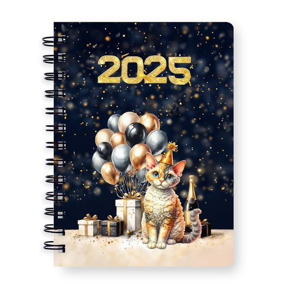 Happy New Year Devon Rex Welcome 2025 Balloon Firework Party Spiral Bound Journal Cat Lover Kitten Owner Gifts 5x7in Spiral Notebook - 01014