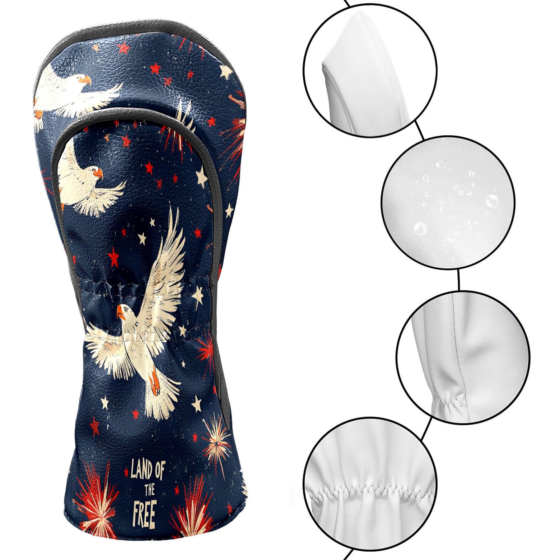 Golf Club Covers, Dark Blue Eagle Fireworks Premium PU Leather Driver Hybrid Putter Head Covers with Velvet Lining, Waterproof Golf Gifts for Men Women