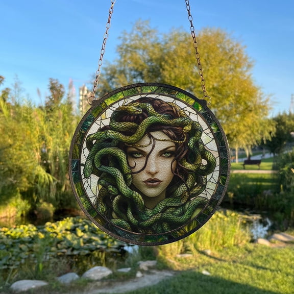 Medusa Painted Stained Glass Suncatcher, Window Hanging Decor, Divine Feminine Sun Catcher Decor, Greek God Home Decor, Greek Mythology Art