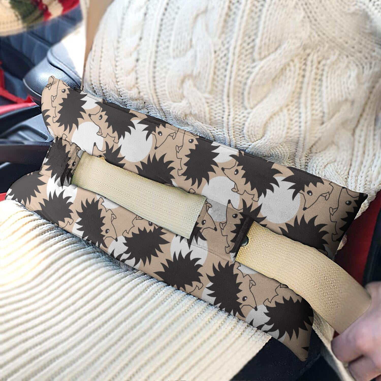 Forest Themed Seat Belt Cushion for Surgery Recovery - Adorable Cartoon Hedgehog Pattern, Pressure Relief Pillow for Women