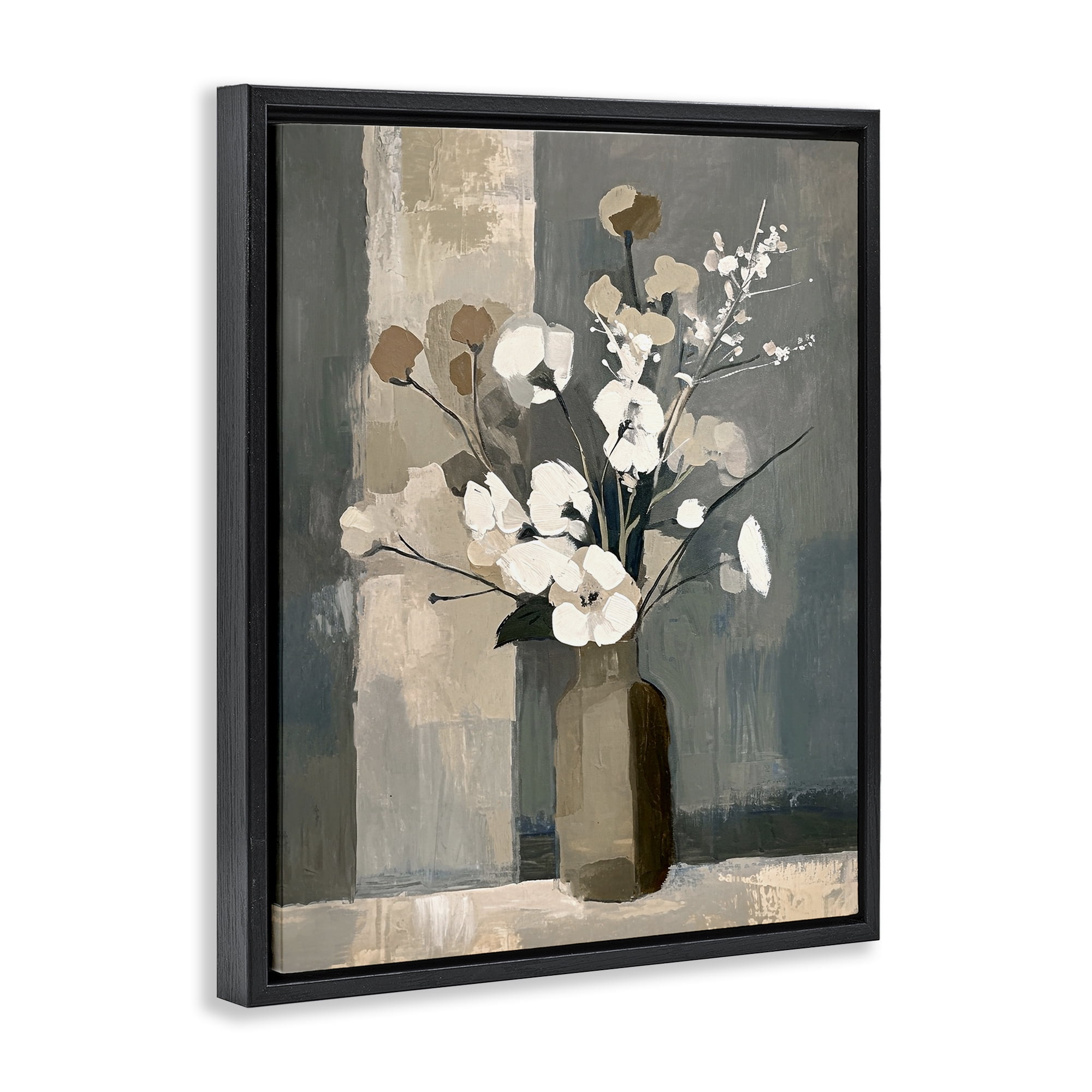 Stupell Industries Neutral Floral Vase Botanical & Floral Painting Black Floater Framed Canvas Art Print Wall Art, 17 x 21