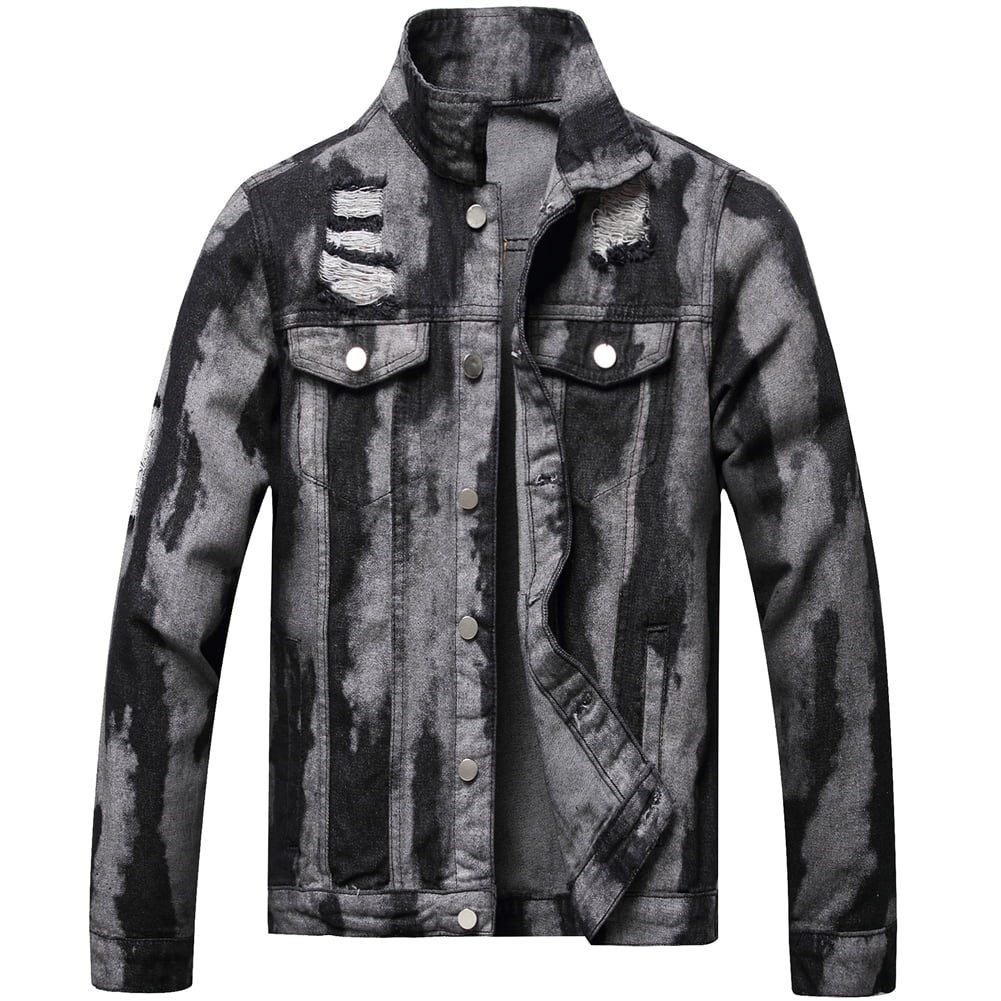 Men Gray Black Ripped Slim Denim Jacket 
