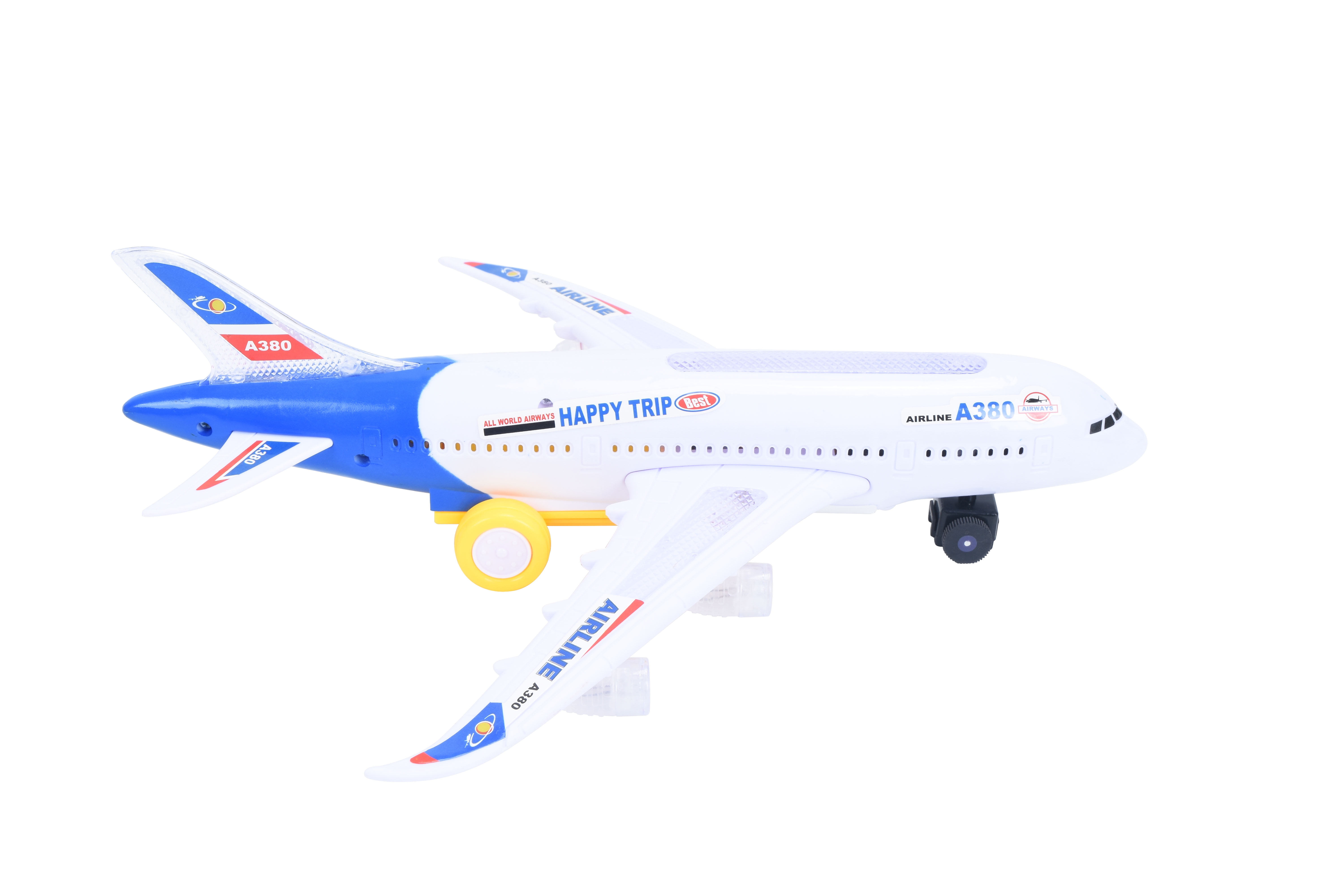 PlayWorld All Aboard! Bump and Go Electric Air Bus A380 Kids Action Airplane - Model Plane with LED Lights and Sounds - Changes Direction On Contact - Blue