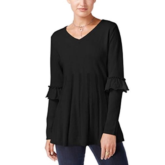 Petite Pleated Ruffle-Sleeve Sweater Deep Black PL