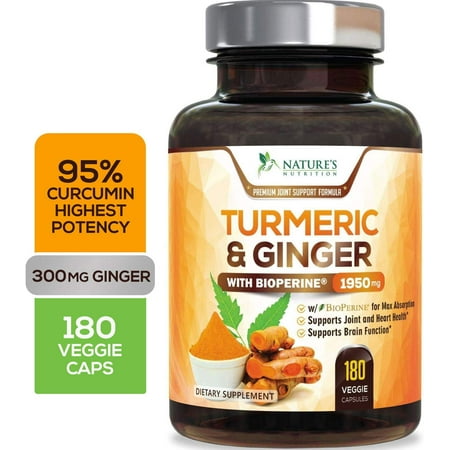 Turmeric Curcumin Highest Potency 95% with BioPerine and Ginger 1950mg - Black Pepper for Best Absorption, Made in USA, Best Vegan Joint Pain Relief, Nature's Nutrition Turmeric Pills - 180