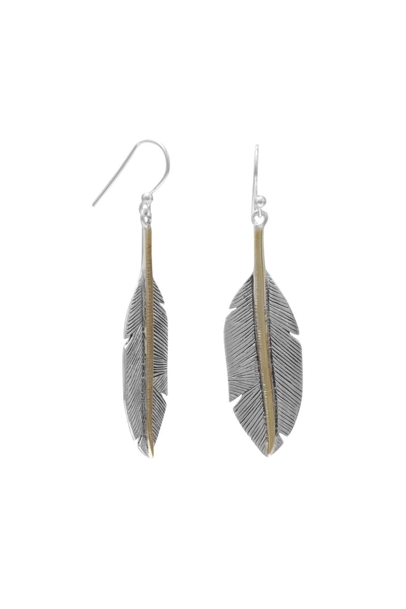 .925 Sterling Silver Two Tone Feather Women's Earrings