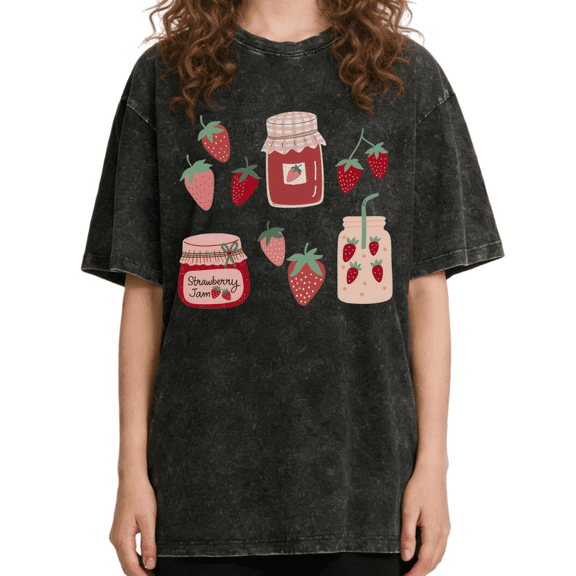 Women's Vintage Strawberry Jam & Smoothie Jar Graphic Comfortable Crew Neck Washed T Shirt Black S-2XL Plus Size