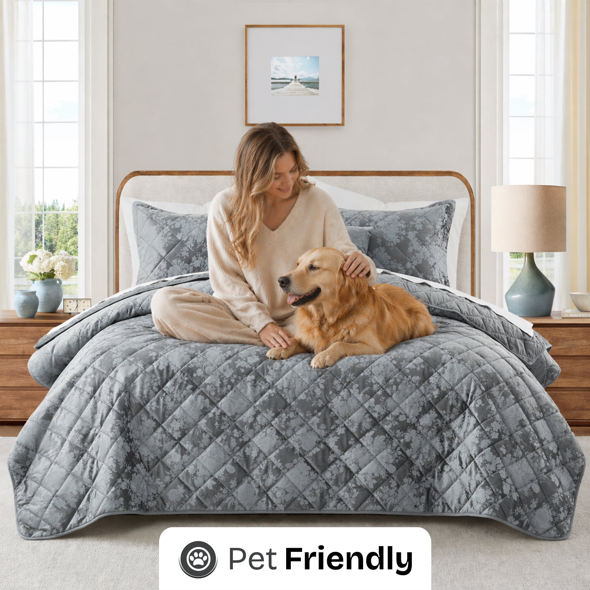 Ameha Luxury Velvet Quilt Floral Diamond Pattern 3-Piece Set Ultrasonic Embossed Bedding Set Ultra Soft Reversible Bedspread Queen Size Grey