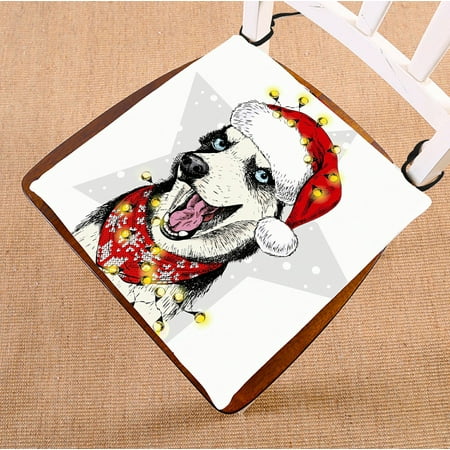 

ABPHQTO Siberian Husky Dog Wearing Santa Hat Christmas Lights Garland Chair Pad Seat Cushion Chair Cushion Floor Cushion Two Sides Printing 20x20 Inch