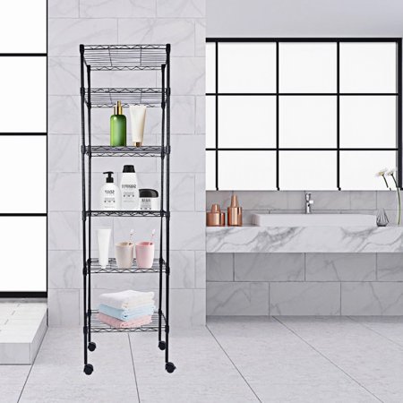 Greater 6-Tier Wire Shelving with Wheels, Adjustable Rolling Metal Bathroom Storage Rack with Hanging Hooks, Heavy Duty Organizer for Kitchen Garage, 1000lbs Capacity, 17'' D x 11'' W x 63'' H, Black