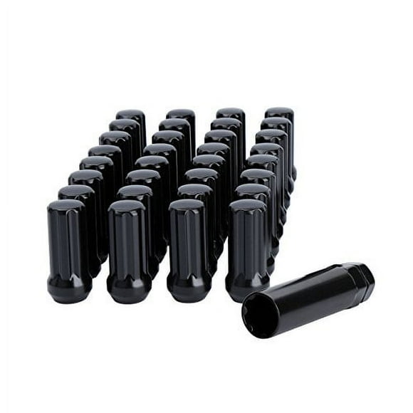 Écrous de Roue 14mmx1.5, 32x Écrou de Roue M14x1.5 Noir, Siège Conique/renflé, Dynofit Extrémité Fermée Longue Prolongée TG Cannelure avec 1 Clé de Douille Convient aux Roues de Rechange à 8 Écrous