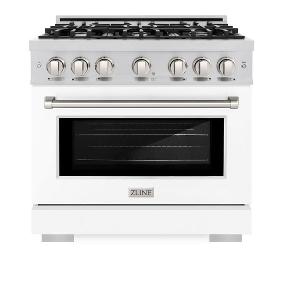 ZLINE 36 in. 5.2 cu. ft. Gas Range with 6 Burner Cooktop and Convection Gas Oven in Stainless Steel with White Matte Door (HGR-WM-36)
