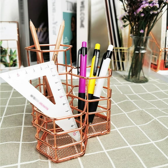 Hewann 3 in 1 Desk Organizer Pencil Holder - Rose Gold Metal Pen Holder with 3 Compartments for Office Supplies, Makeup Brushes and Decorative Use, Gift for Students and Professionals