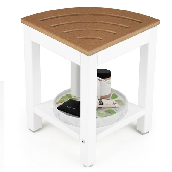 Wqmh Corner Shower Stool Waterproof - HDPE Shower Bench Seat with Storage Shelf for Shaving Legs, Non-Slip Foot Pads, Plastic Spa Bath Step Foot Rest for Bathroom Small Place (White & Brown)