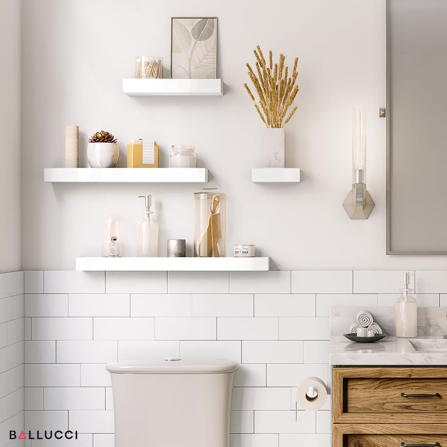 Ballucci Modern Floating Shelves, Set of 4 Wood Wall Mount Shelves, White