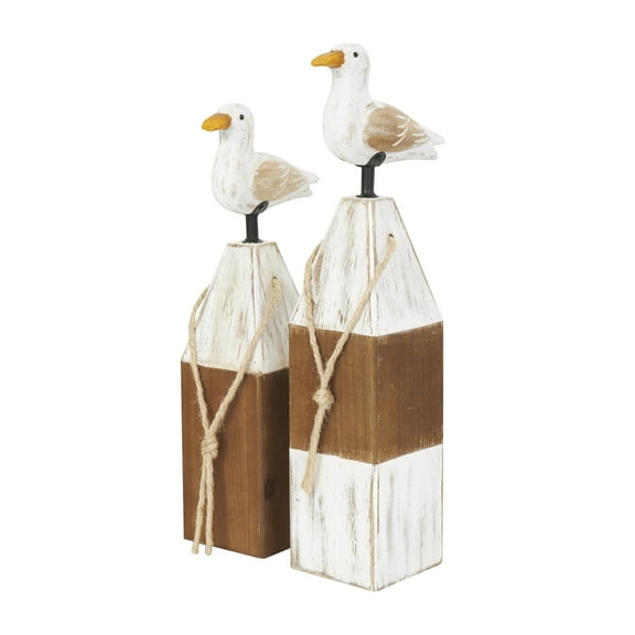 16", 15"H Brown Wooden Bird Sculpture with White Distressed Buoy Posts, by DecMode (2 Count)