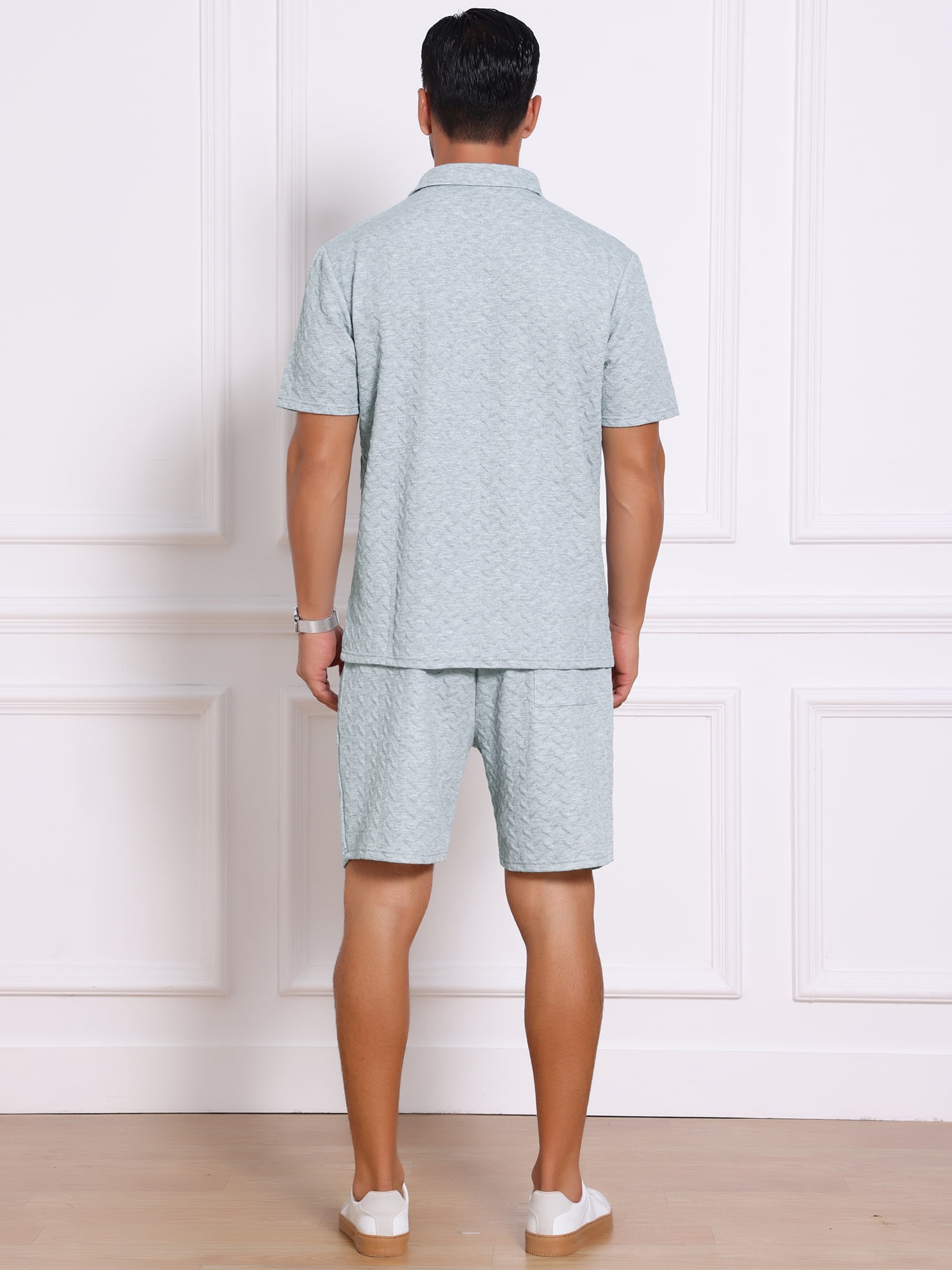 DARING DIVA Men's 2 Pieces Jacquard Polo Shirt & Drawstring Shorts Outfits XL Gray