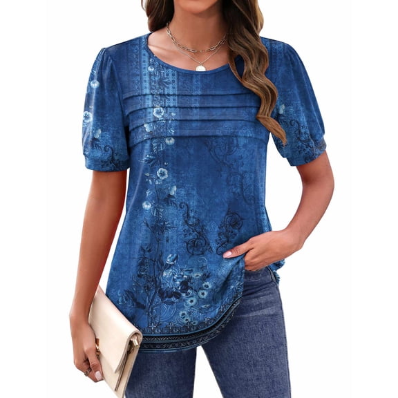Zeagoo Tunic Tops for Women Business Casual Puff Short Sleeve Summer Outfit Loose Fit Shirt Crewneck Flowy Blouses