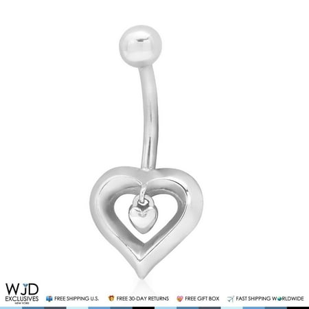 14K Solid White Gold Two Hearts Navel Belly Button Ring Body Piercing *NEW