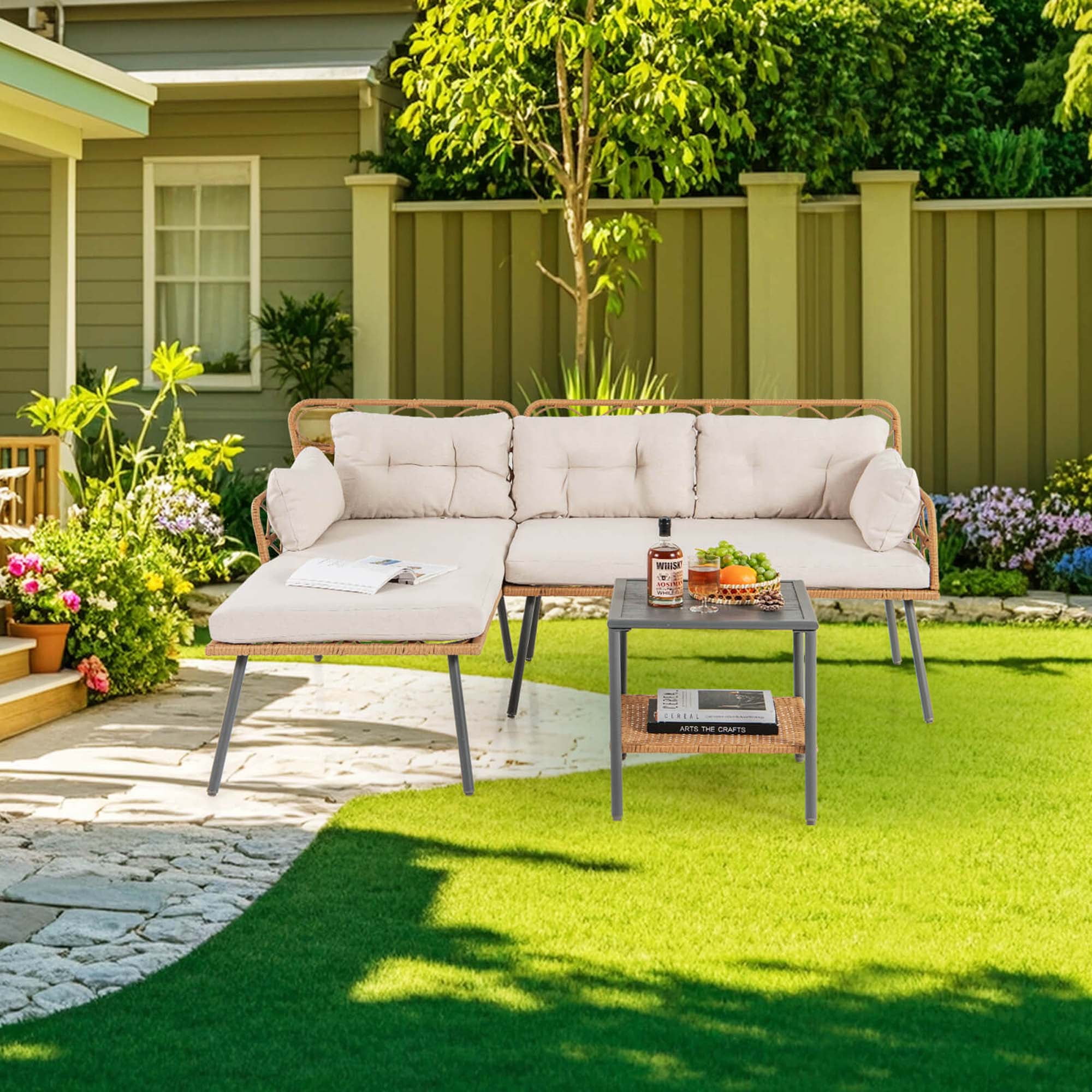 Costway 3 PCS Corner Patio Furniture Cushioned Sofa Set with Small Coffee Table Outdoor