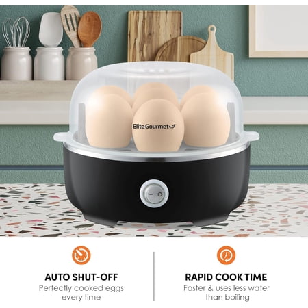 Elite Gourmet EGC115B Easy Egg Cooker Electric 7-Egg Capacity, Soft, Medium, Hard-Boiled Egg Cooker with Auto Shut-Off, Measuring Cup Included, BPA Free, Classic Black