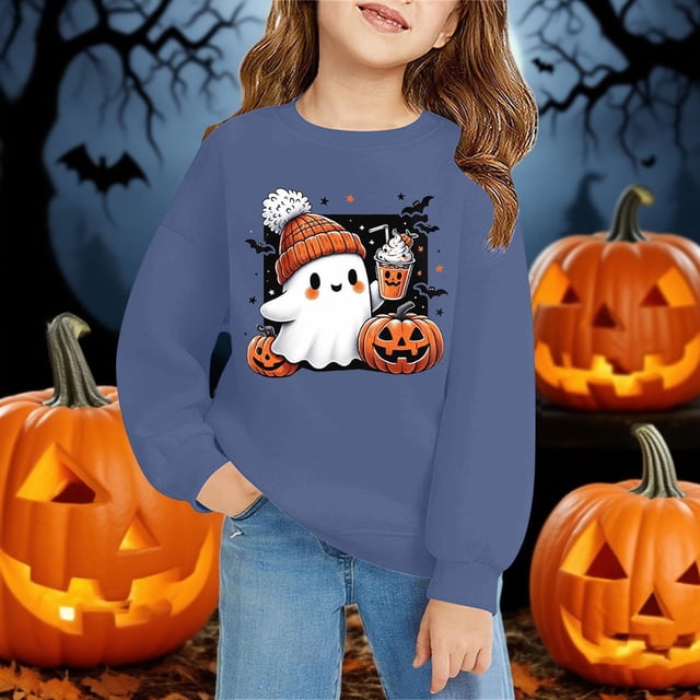 Chandail à Manches Longues à Col Rond Imprimé 2D d'Halloween Décontracté et Tendance pour Enfants Bleu Marine