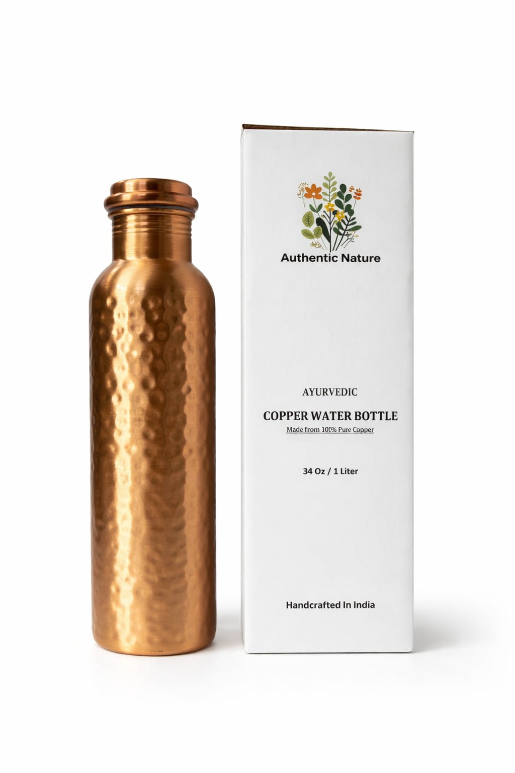 Authentic Nature Ayurvedic Copper Water Bottle, Pure Copper, 1 Litre/34 Oz, Hammered Design, Handcrafted in India