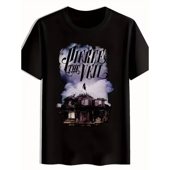 Emo Punk Rock Band Distressed House Graphic Black T-Shirt, for Men & Women, up to Size 5XL
