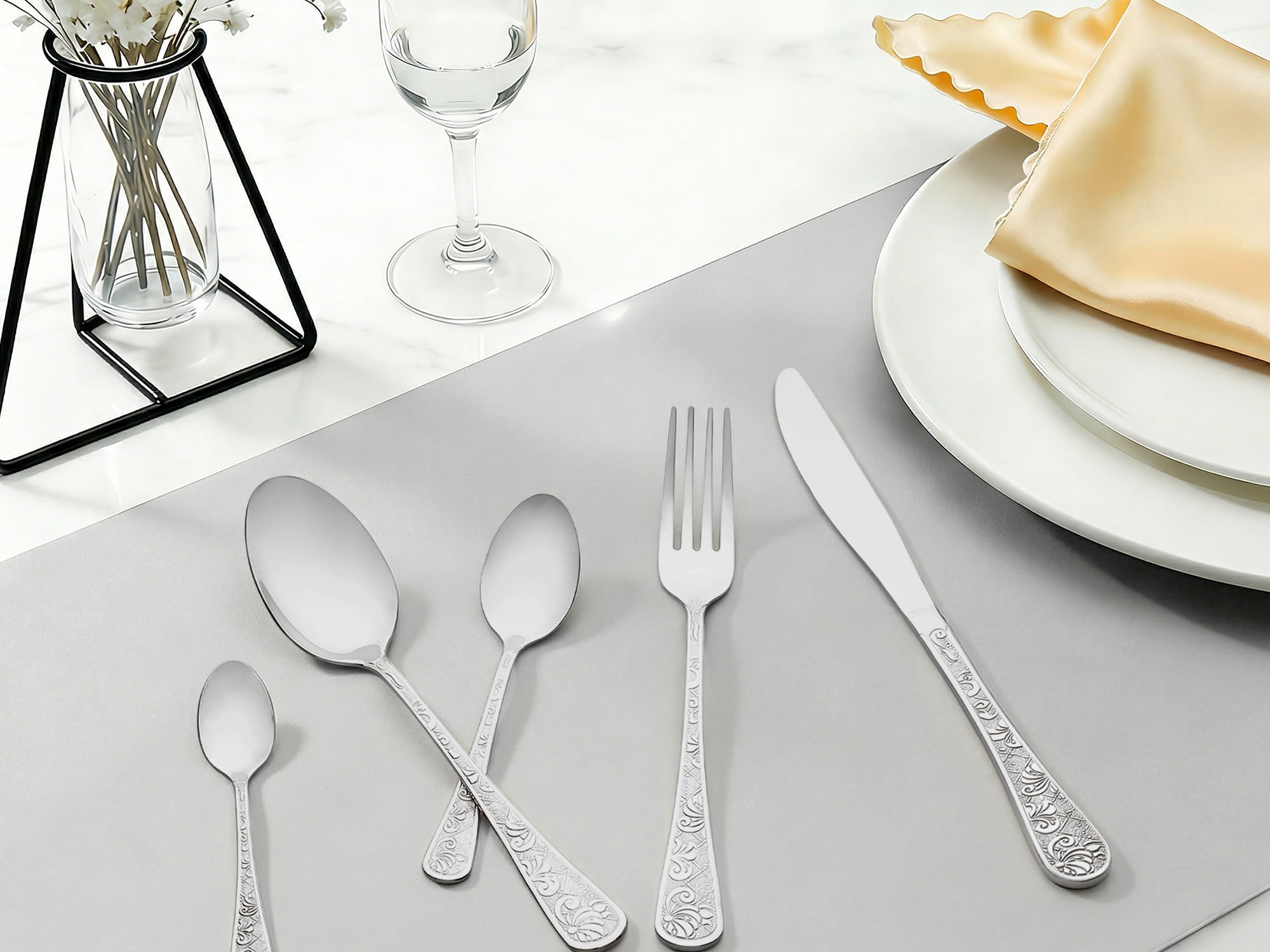 Unique Bargains 20 Piece Silverware Set Stainless Steel Floral Flatware Silver 20
