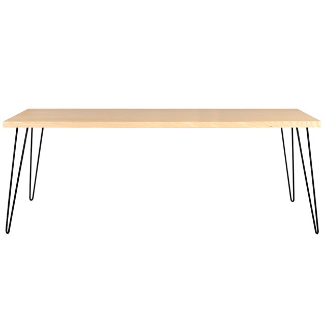 mesa de comedor yoco 210cm - natural mesa rectangular de comedor 210 cm con sobre color beige en acabado madera clara y patas metálicas negras estilo hairpin, vista frontal centrada sobre fondo blanco; ideal para comedores modernos y también usada como escritorio amplio.