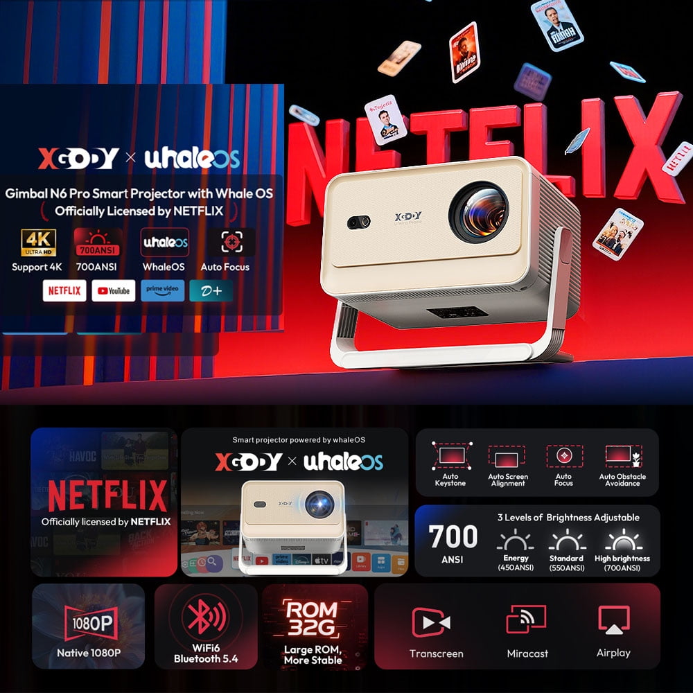 XGODY Official Netflix N6 Pro 700 ANSI Smart Projector with Wifi and Bluetooth , 1080P Portable Projector for Home Theater & Outdoor Movies, 1.3kg Light Gold, 1 Count
