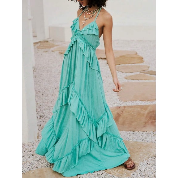 Mint Blue Womens Boho Spaghetti Strap Maxi Dress With Tiered Ruffles, Low Cut, Backless, Flowy Beach Cover-Up
