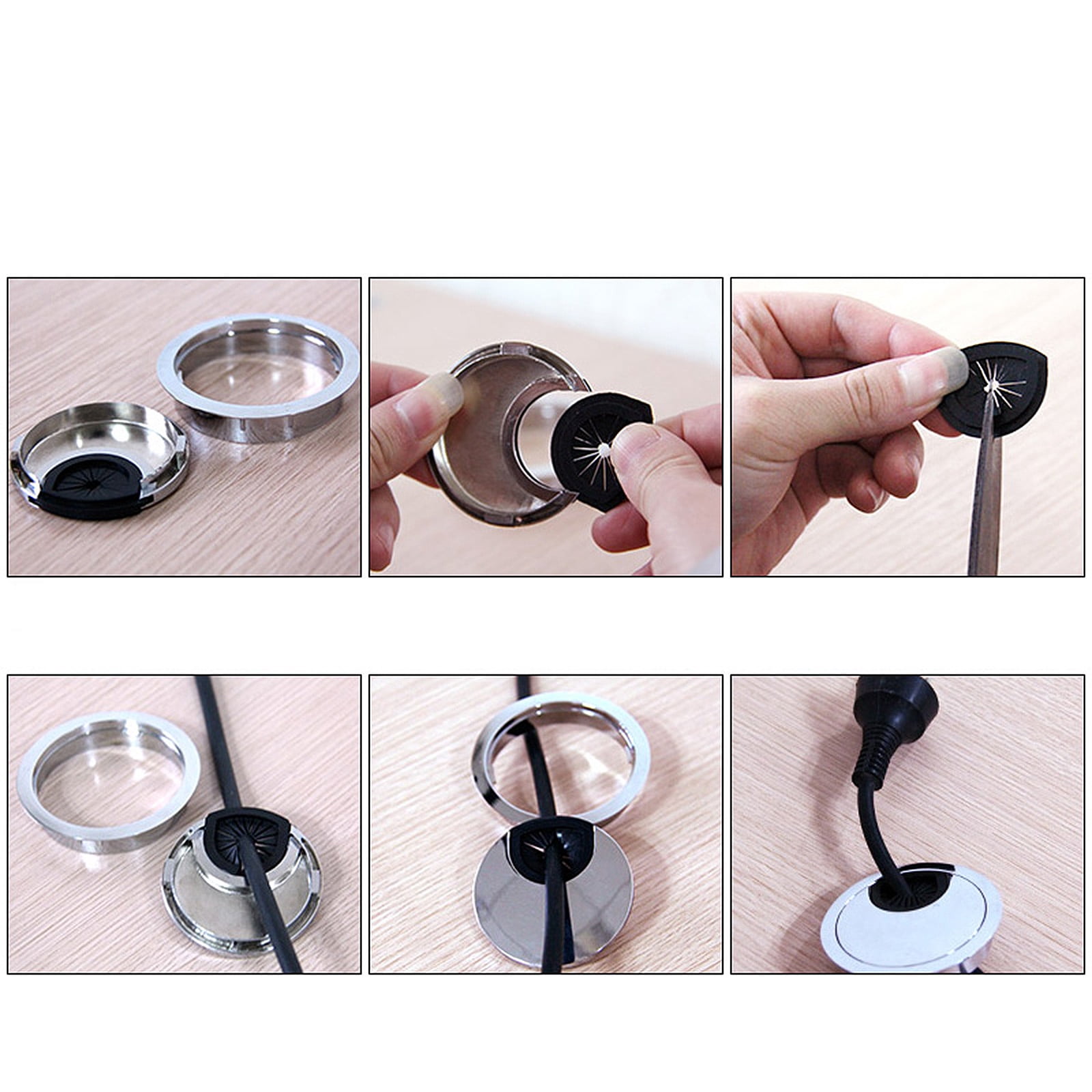 Round Desk Cable Grommet with Brush - Cable Management Hole Cover for Office Desks, TV Stands, and Conference Tables - Wire Organizer for Computer Cords and Power Cables