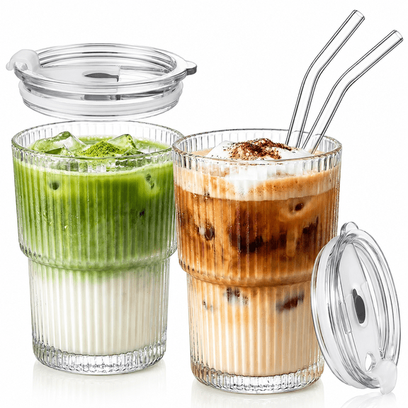 2PCS 400ML Ribbed Glass Tumblers with Lids and Straws, Iced Coffee Cup, Leakproof Glass with Straw and Lid for Iced Coffee, Cocktail, Tea, Smoothie