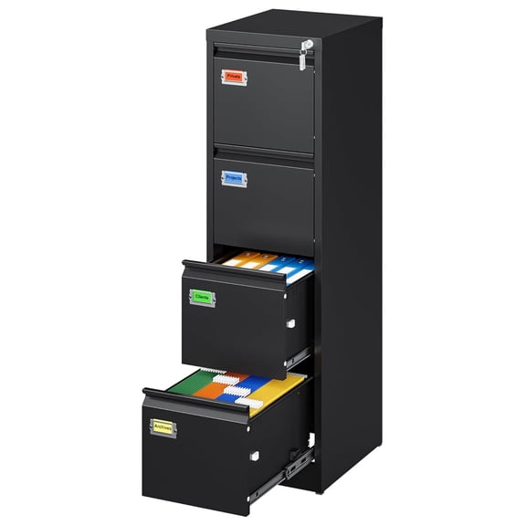 4 Drawer File Cabinet, Vertical Filing Cabinets with Lock, Metal File Cabinets for Home Office, Anti-Tip 4 Storage Drawers for Letter/Legal/A4/F4 Size (Assemble Required, Black)