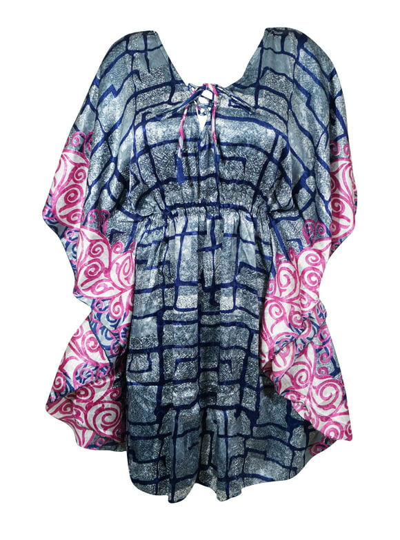 Mogul Gray Printed, Sari Silk Beach Caftan, Tunic Kaftan M-XL