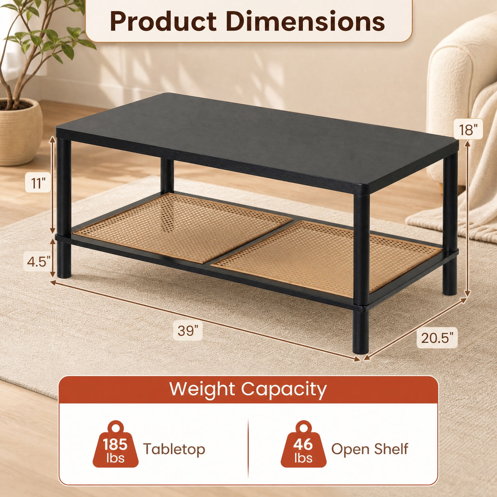 Furnibear 2 Tier Boho Rectangular Coffee Table with Rubber Wood Frame and Faux Rattan Open Storage Shelf for Living Room Home Office, Black