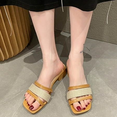 

Njoeus Slippers For Women Indoor And Outdoor Warm Slippers For Women Minimalist Lace-Up Square-Toe Block-Heel Colorblock Strappy Sandals Winter Slippers For Women