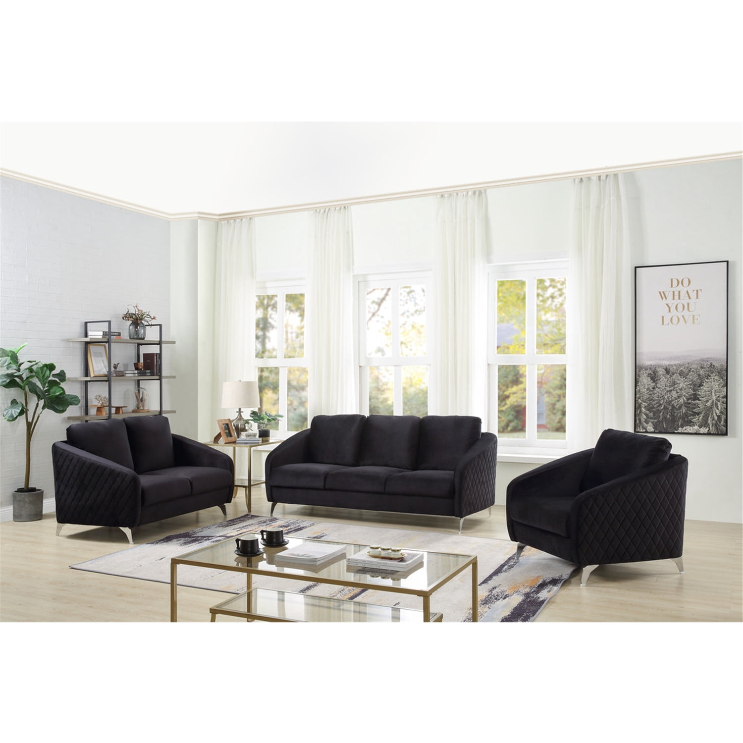 Sofia Black Velvet Elegant Modern Chic Loveseat Couch