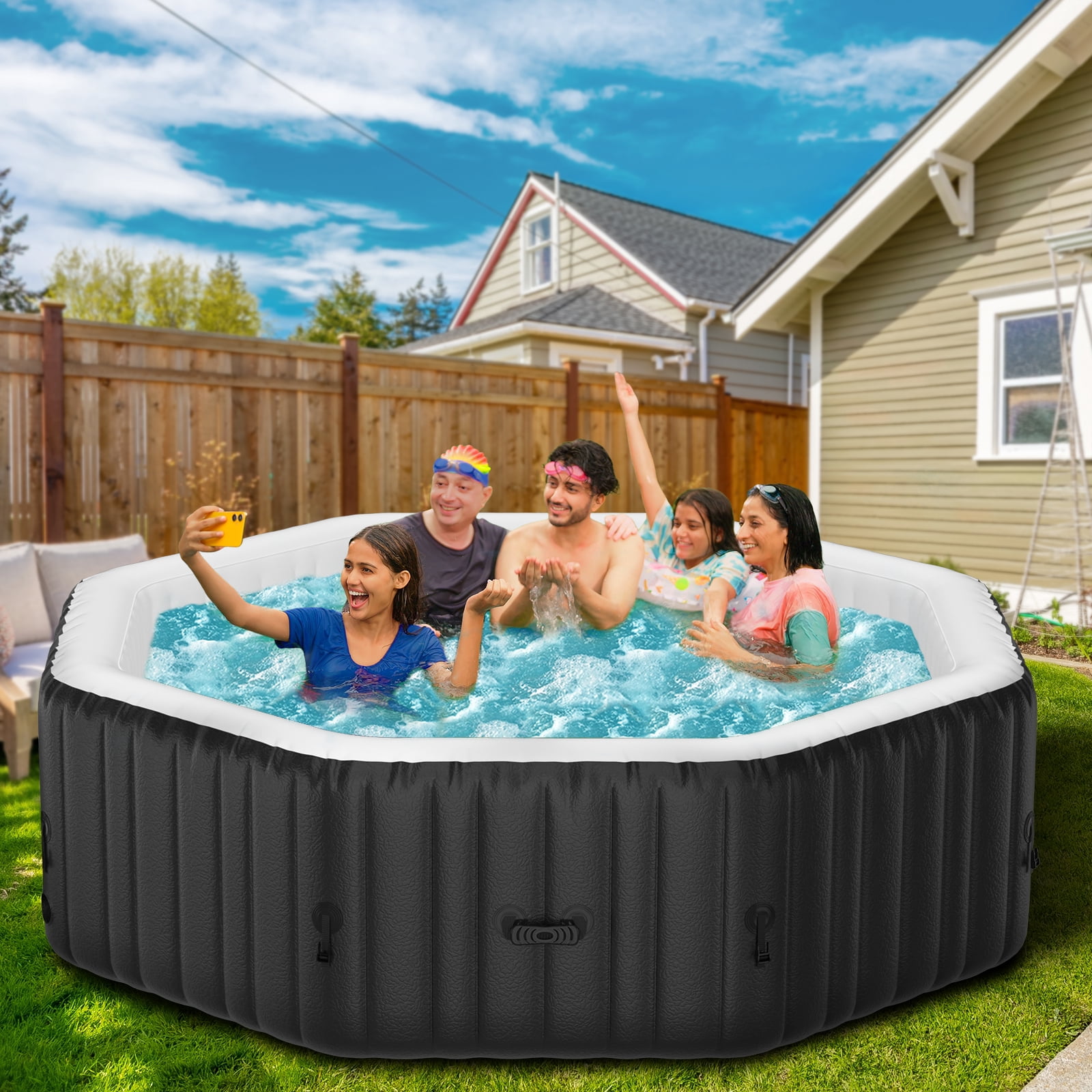 MOPHOTO 4-6 Person Inflatable Hot Tub,Portable Large Octagonal Hottub with 130 Bubble Jets,Outdoor Spa Set Included Heater Pump, Filter and Spa Cover(77"*77"*25")