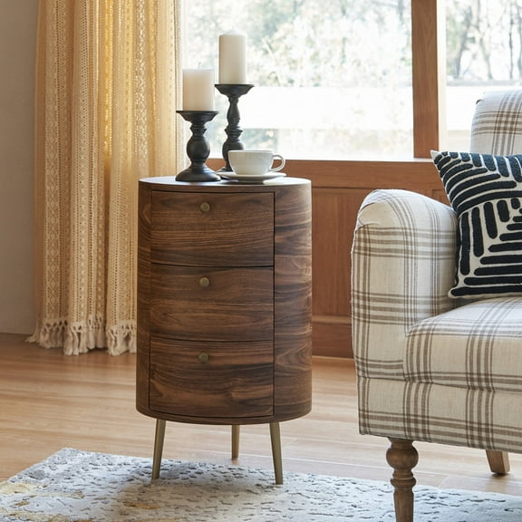 Wood Side Table with 3 Drawers Metal Legs for Living Room Bedroom, Walnut