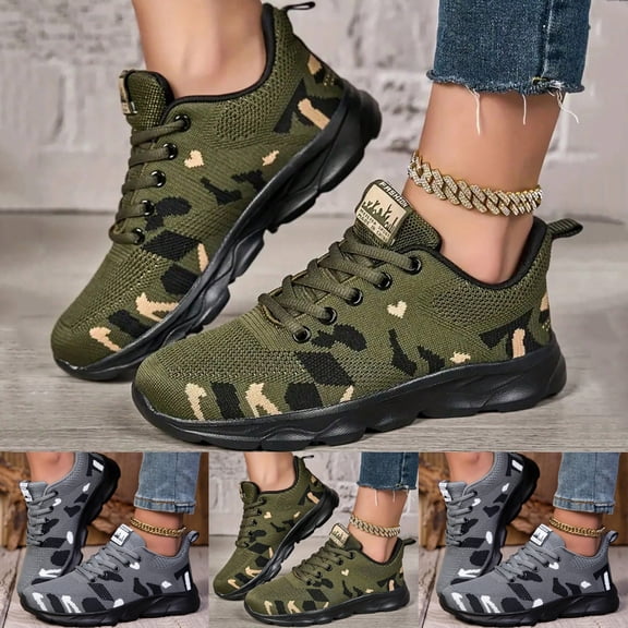 Women's Camo Print Walking Shoes Lightweight Tennis Athletic Running Shoes Breathable Lace Up Sneakers for Work Travel