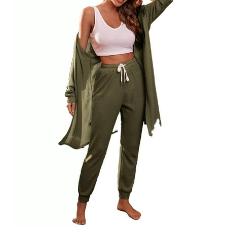 

Colorblock Knot Robe Sets V neck Long Sleeve Sleepwear Casual Women s Lounge Sets