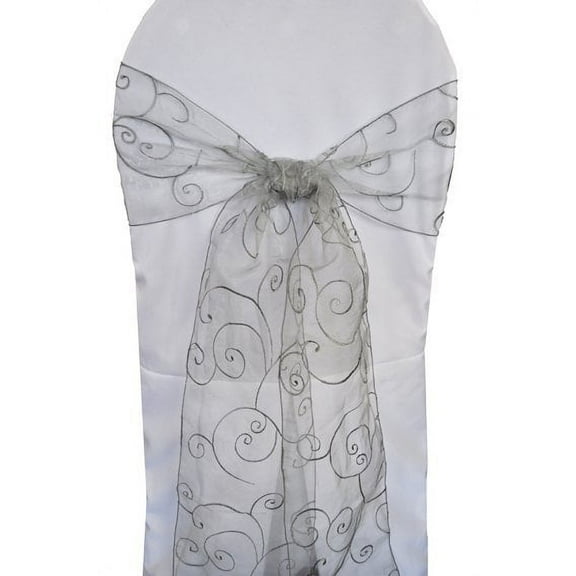 Wedding Linens Inc. (10pcs) 8'' x 108'' Embroidered Organza Sheer Chair Sashes Chair Bow Ties - Silver