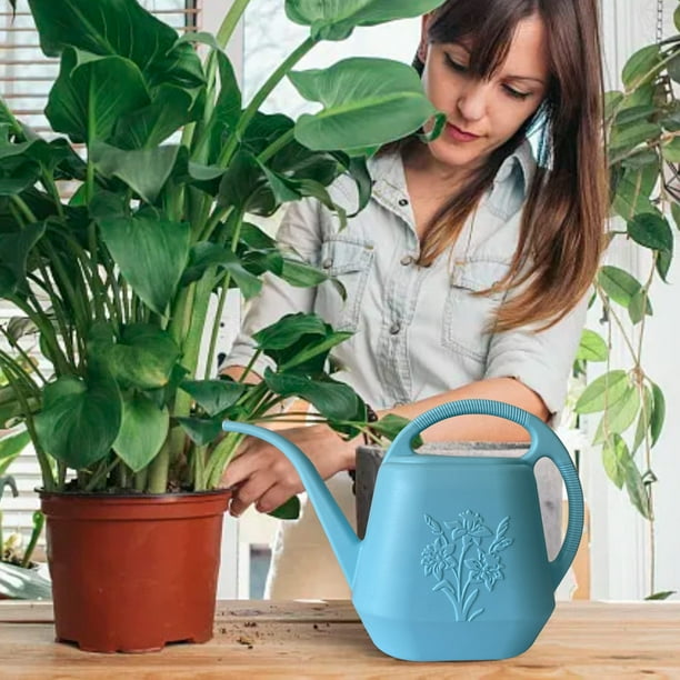Regadera de 1 galón con pico largo, regadera con diseño de flores, regadera de interior con asa, regadera de plástico para plantas de jardín.