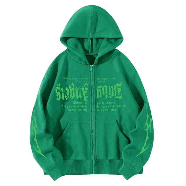 Bmisegm Femmes Mode à Imprimé de Lettres Chandails à Capuchon Amples Style Oversize Gothique Hop Chandails à Manches Longues Chandails Décontractés pour Femmes Vert G